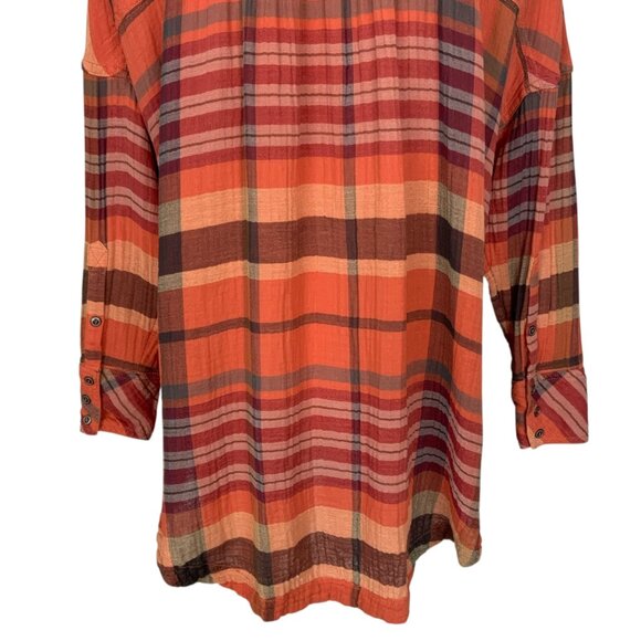 Free People Year Round Buttondown Shirt XS Orange Plaid Oversized Fall Fashion - Picture 11 of 14